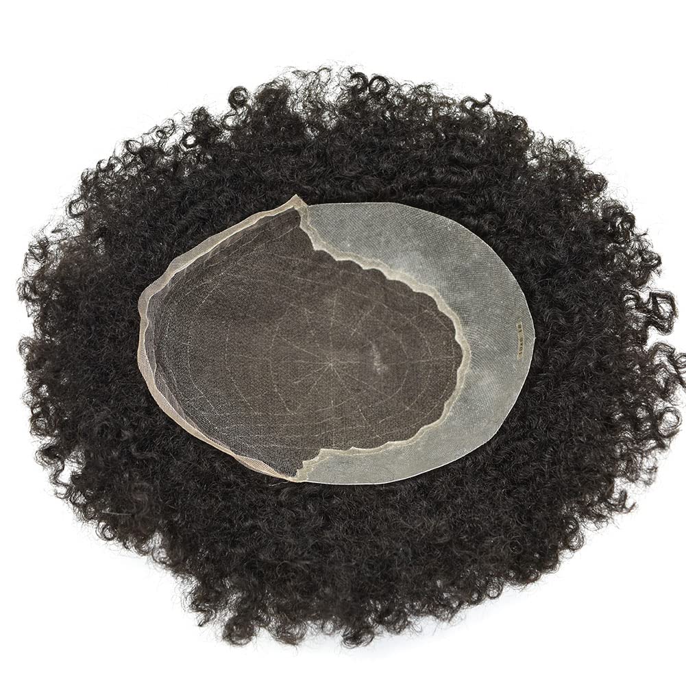 LYRICAL HAIR Afro Curl Toupee for Black Men 8X10 French Lace Front Kinky Curly Human Hair African American Mens Wig Hair System Replacement Natural (#120 Jet Black+20% Gray, Afro Wavy 6mm)