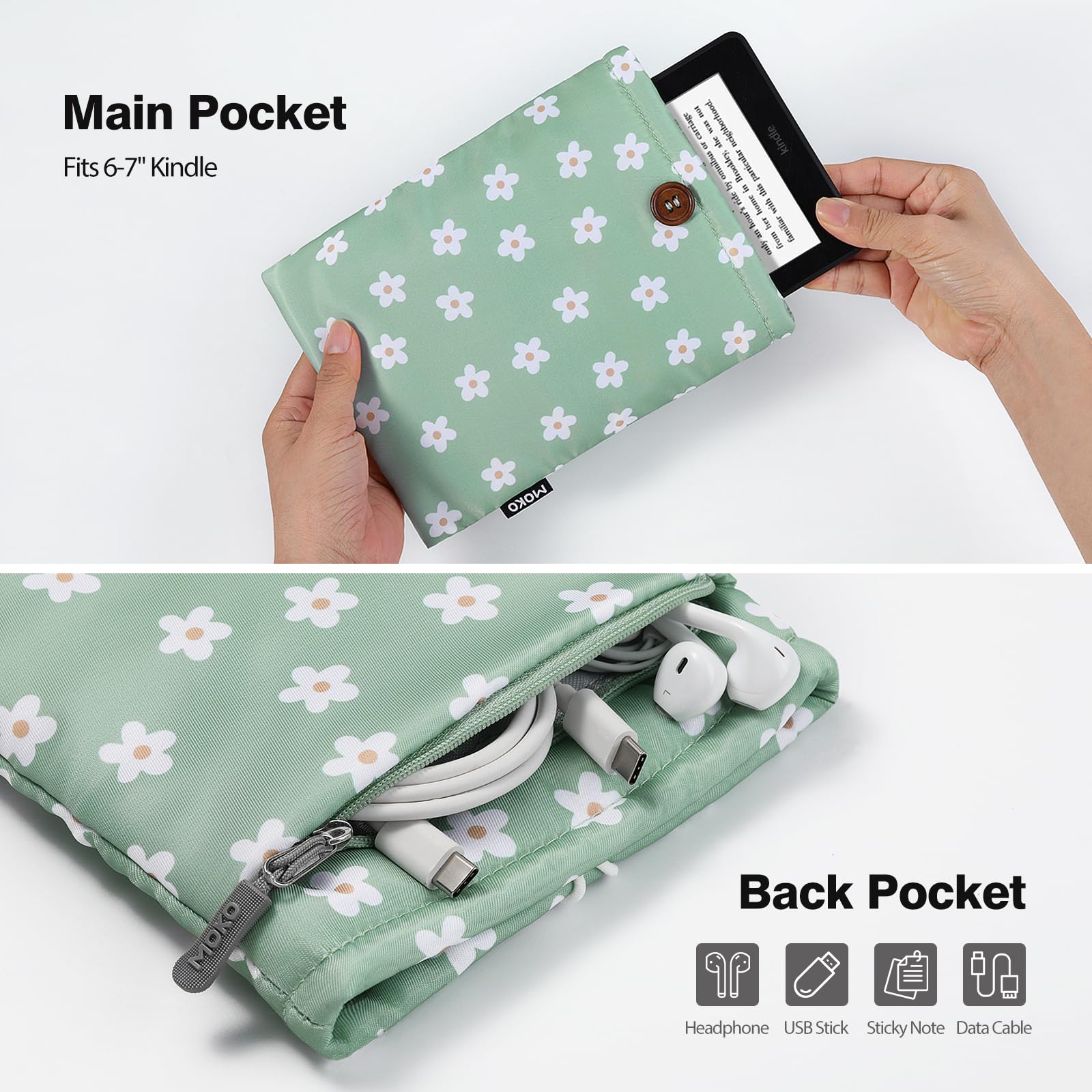 MoKo Fiori Verdi Imbottito Sleeve Pouch per Kindle Colorsoft Paperwhite 12° Gen 2024 Oasis Voyage Kobo eReader 6-7 Pollici
