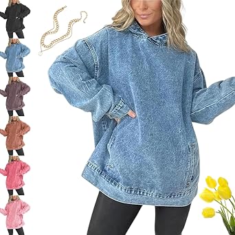 2025 Denim Hooded Sweatshirt with Front Pockets, Casual Pullover Denim Jacket Vintage Distressed Jean Tops for Women