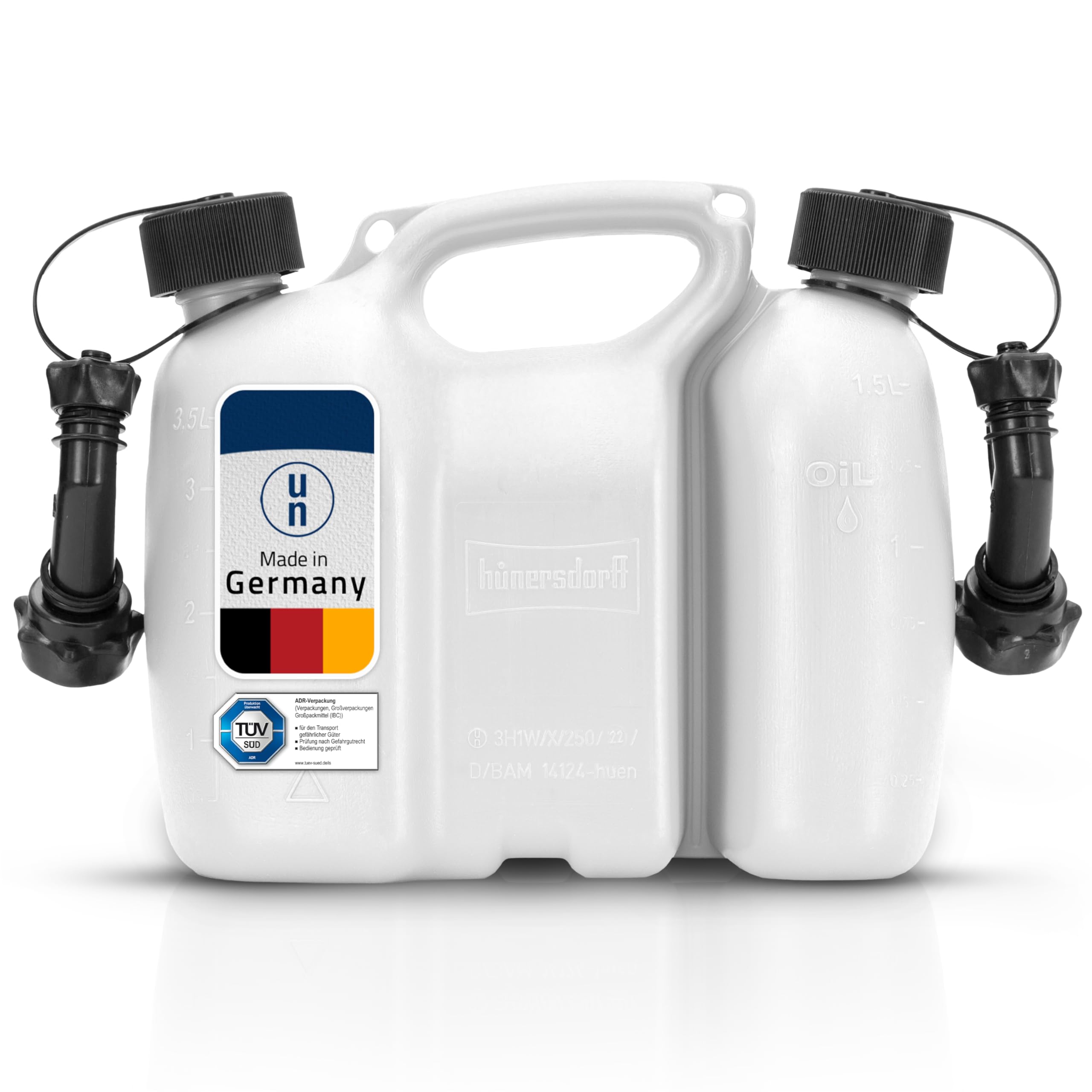 hünersdorff Bidons doubles/Bidons combinés pour carburant et huile avec 2 tuyaux d'écoulement, 3 + 1,5 litres, homologation UN, Made in Germany