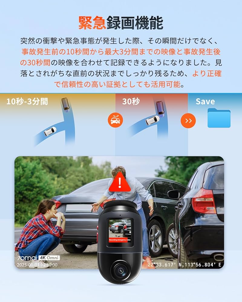 70mai Dash Cam Omni 360度回転　駐車監視配線キット付き 前後4Kカメラで走行中も駐車監視も超高精細映像で記録する360度