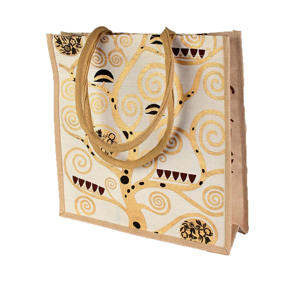 Artis Vivendi Gustav Klimt Handbag, Shoulder Bag, Shopping Bag, Faux Bag, Jute Bag, Tree of Life, White/Gold, Hand Stitched & Hand Printed
