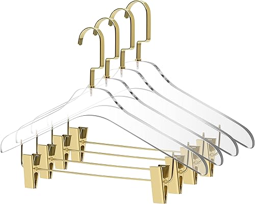Perchas de acrílico transparente de calidad para pantalones con clips, paquete de 4, elegante colgador de ropa con ganchos dorados mate, colgador de