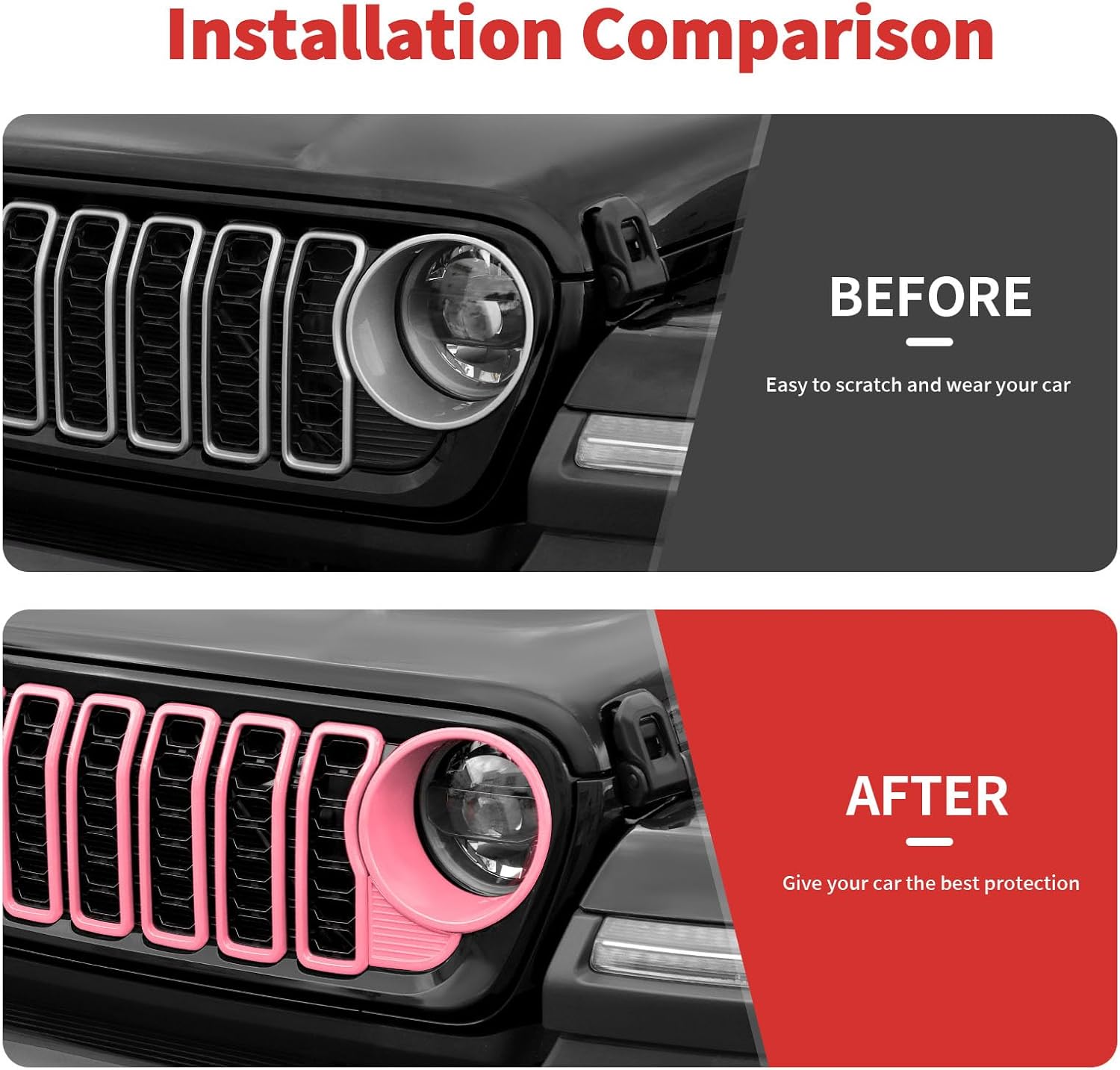 Front Grill Insert+Headlight Turn Light Cover Compatible with 2024-2026+ Jeep Wrangler JL JLU & Gladiator JT Exterior Accessories,Not Fit for JL Sport & Sports (Pink)