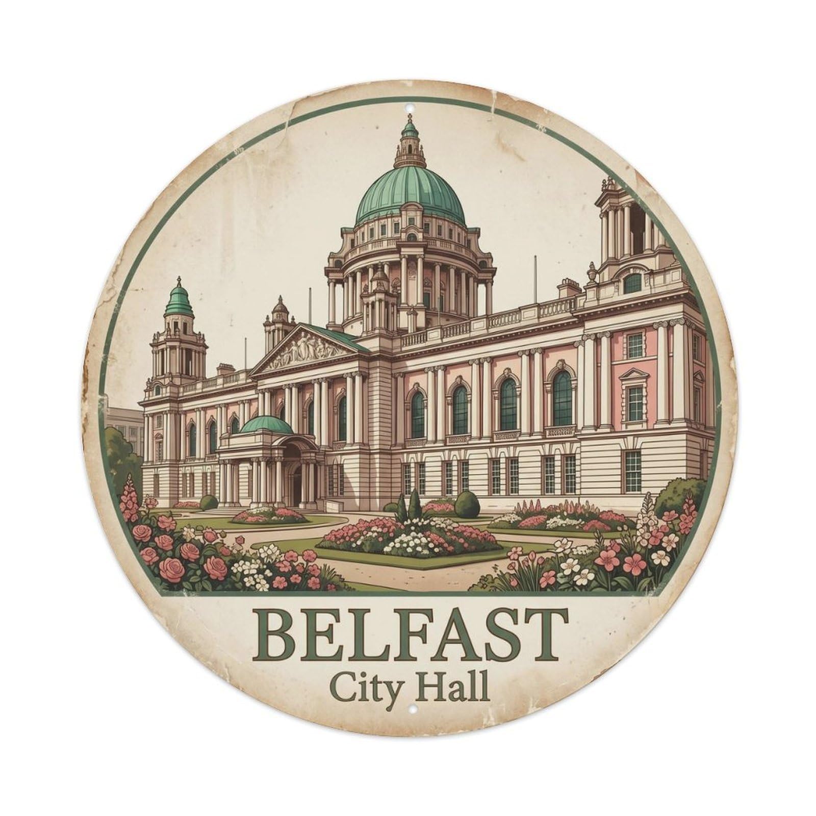 Belfast Hall Cityscape Vintage Travel Map Cartography Classic Metal Tin Sign Plaque Wall Decor for Cafe, Man Cave, Club Bar, Office, Home Garden Round Metal Poster 8x8Inch