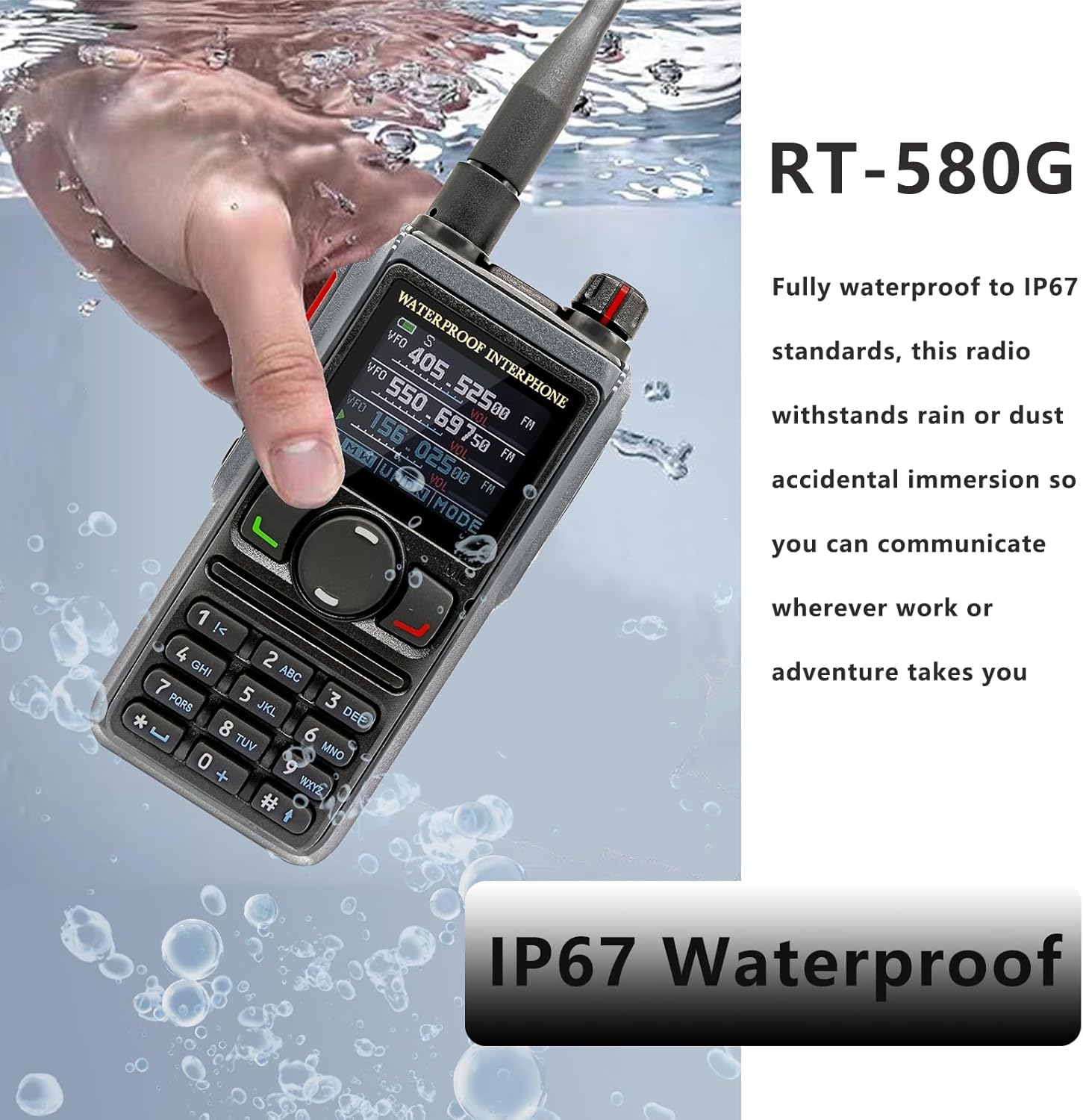 Radtel RT-580G radio partially submerged in water, demonstrating its IP67 waterproof capability.
