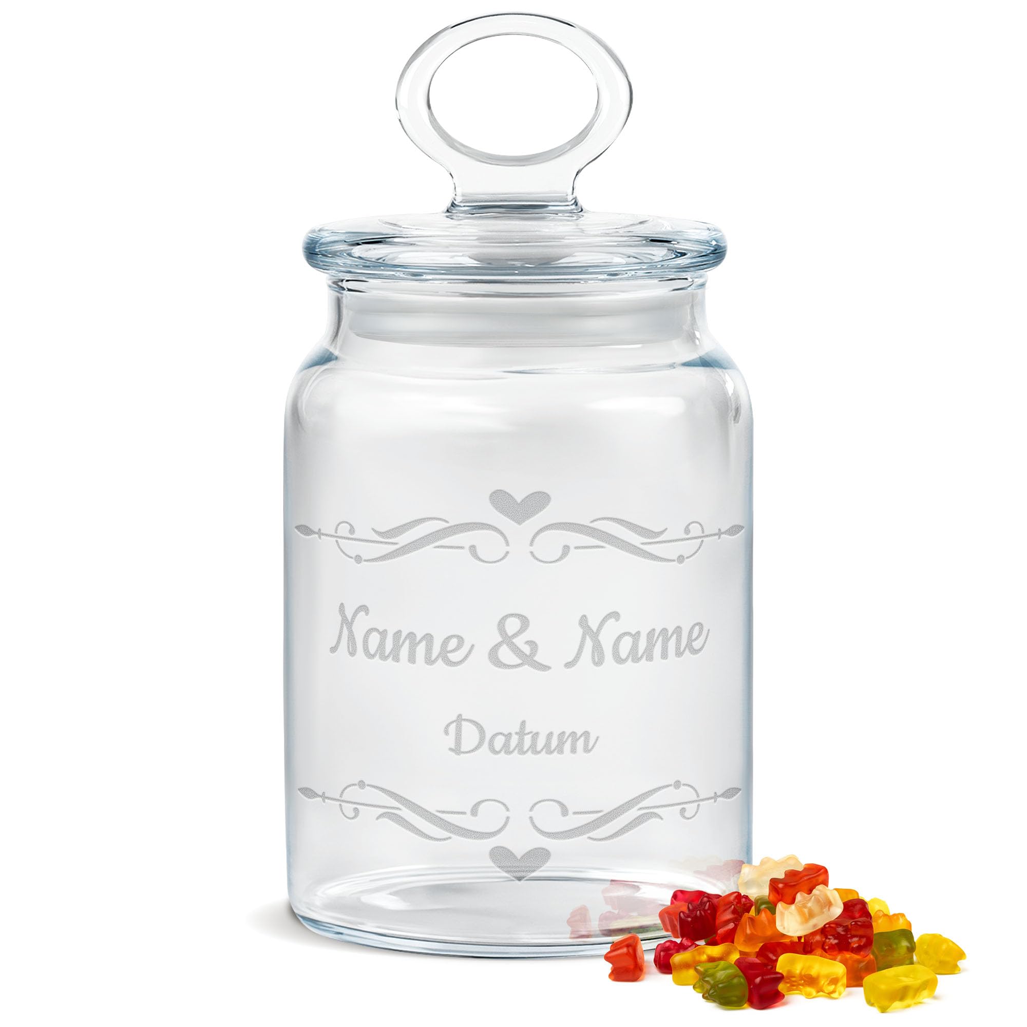 Print Royal PR Personalisierte Keksdose aus Glas mit Gravur - 800 ml - Herz mit Namen und Datum als Geschenk für Frauen zum Jahrestag | Personalisiertes Geschenk Ideen Jahrestag