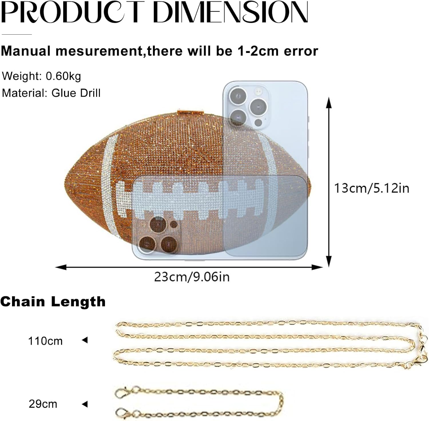 Bling Rhinestone Football Shaped Rugby Quirky Bag Football Shape Evening Bag with Shoulder Chain for Wedding Banque
