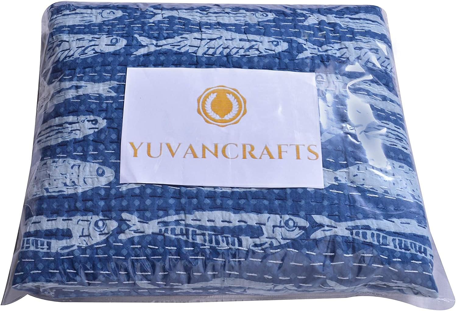 YUVANCRAFTS Indian Cotton Handmade New Kantha Quilt Hand Block Fish Print Queen Quilt Blanket Bedspreads Throw (Queen Size)