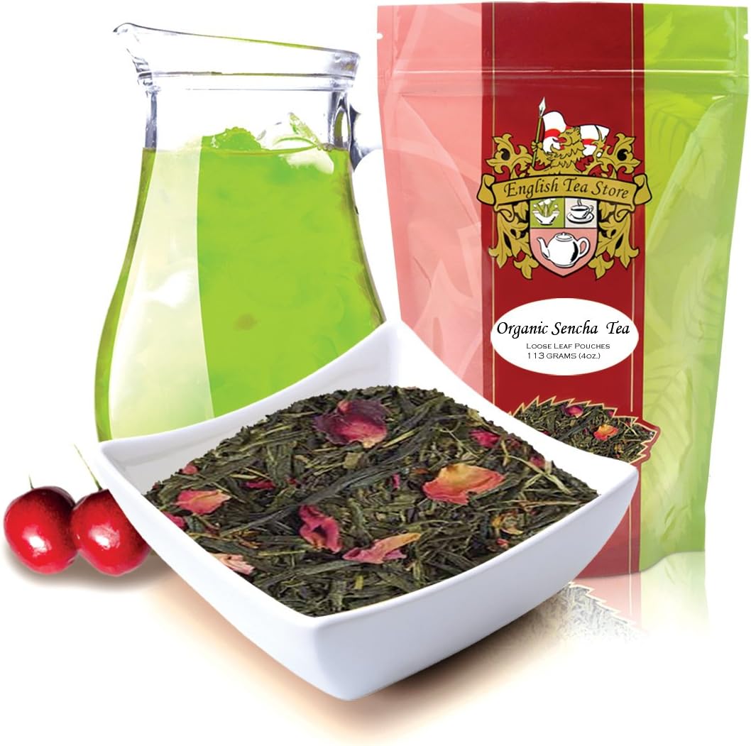 Organic Sencha Kyoto Cherry Rose Festival Green Tea 16oz Loose Leaf Pouch | Flavored with Montmorency Cherry and Rose Petals | Smooth Japanese-Style Sencha | Natural Ingredients | Fresh Brew