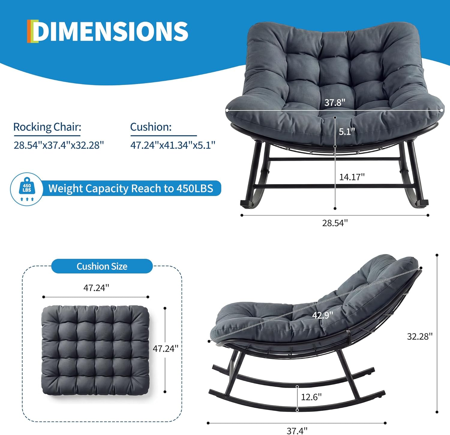 Garvee Outdoor Rocking Chair, Papasan Rocking Chair with Removable Cushion, Oversized Rocking Chair for Outside, Balcony, Living Room, Porch,