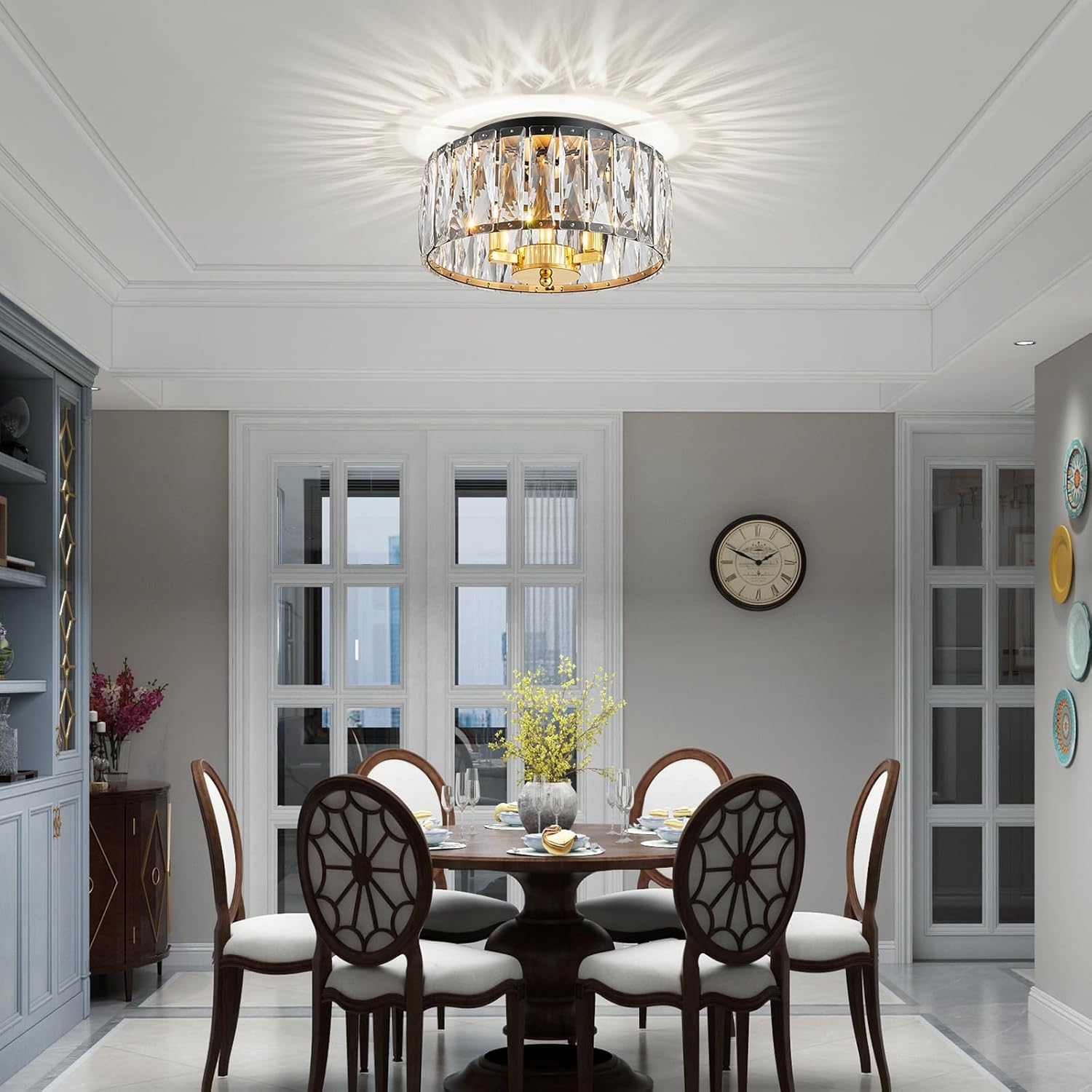 K9 Crystal Ceiling Light, 3-Light Modern Flush Mount Ceiling Light Fixture for Living Room, Dinning Room Hallway, D12 × H6 inch, Black & Gold Finish Frame & K9 Crystal