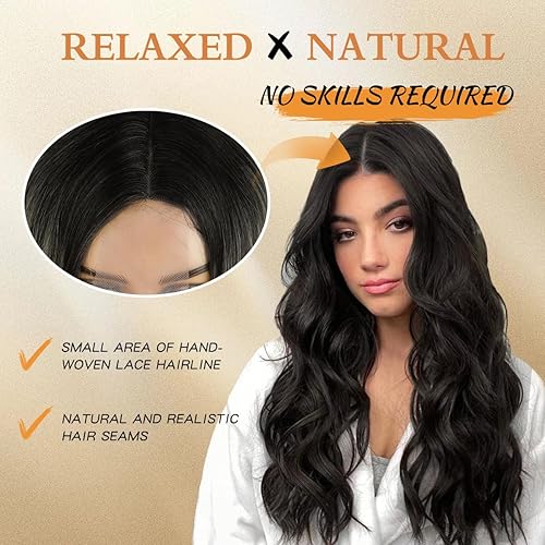 Miniatura 4 de Cetiq Peluca larga ondulada negra para mujer, de 26 pulgadas, parte media, rizada, ondulada, de aspecto natural, peluca de fibra sintética