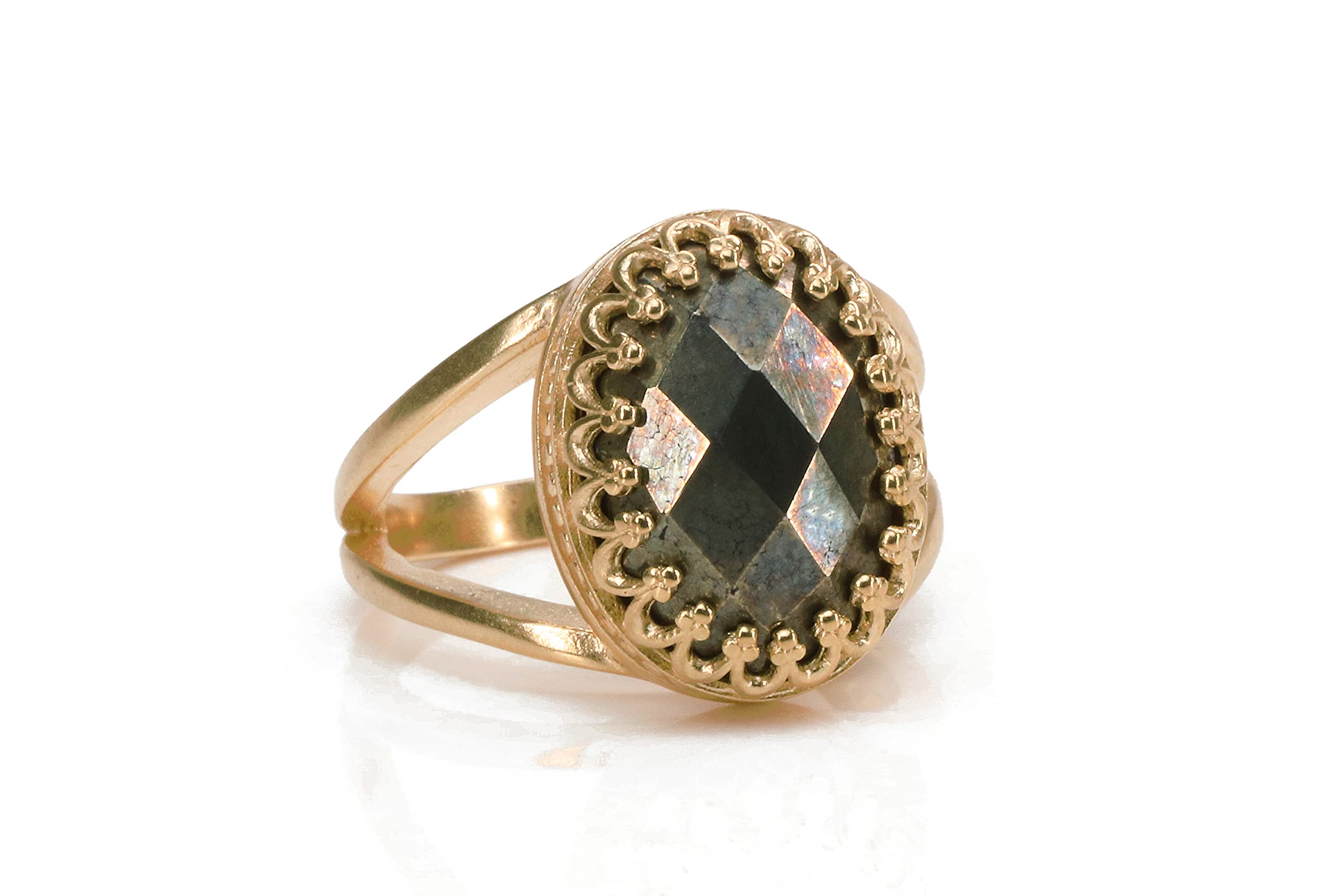 Anillo de Doble Banda de Piedra de Pirita - Anillos de Oro Rosa Personalizados para Mujeres - Anillo Ovalado de Compromiso, Boda, Moda, Promesa, Regalo para su Cumpleaños, Aniversario, Vacaciones