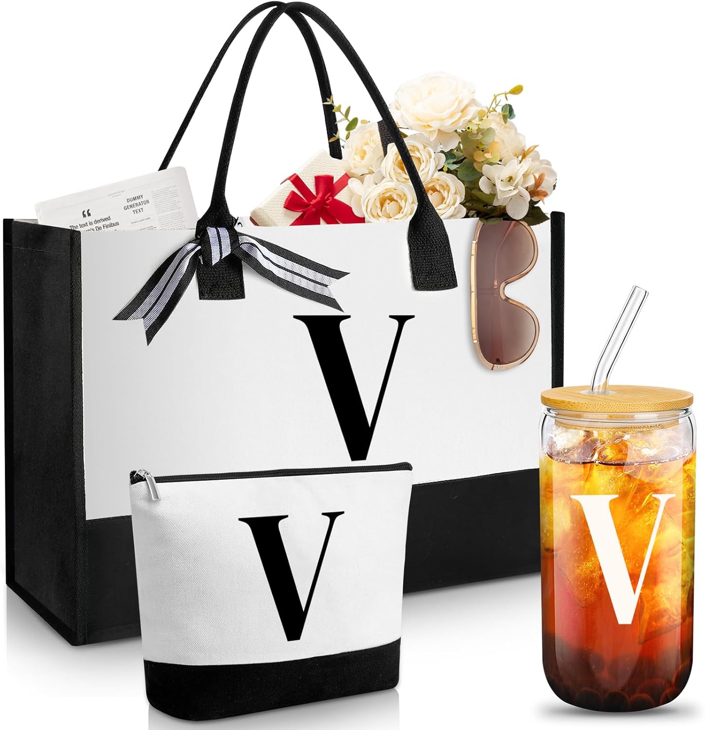 Aliceset Initial Gifts for Women Monogram Canvas Tote Bag and Makeup with Zipper and Initial Glass Coffee Cup Gifts for Her