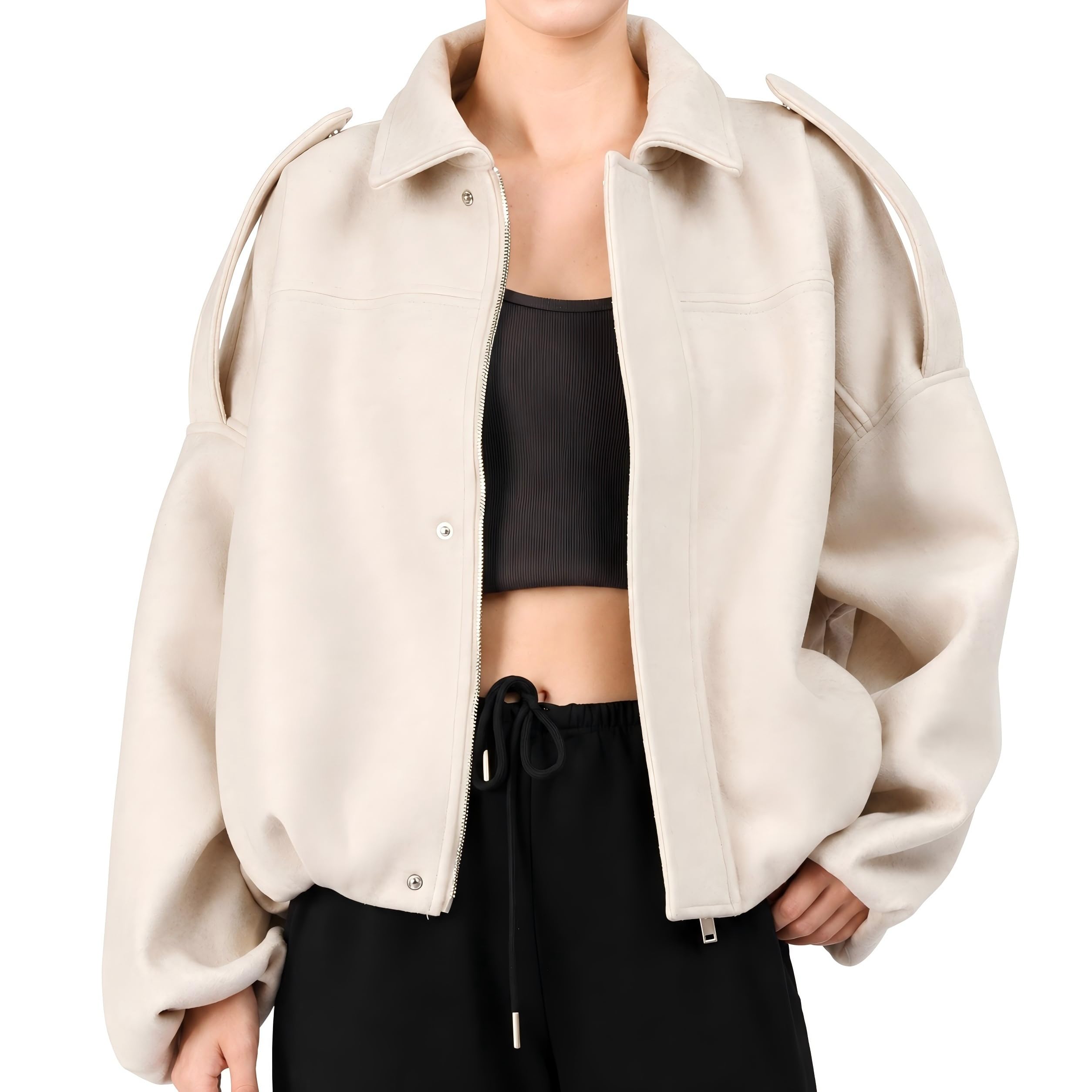 OUTTA BOX Women’s Wool-Blend Style Bomber Jacket Casual Zip-Up Oversized Coat with Pockets Warm Autumn Winter Outerwear