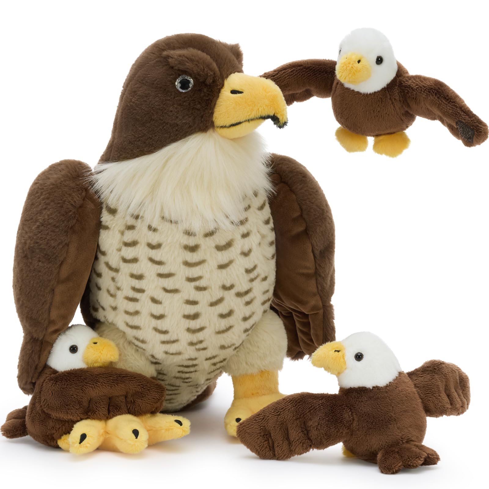 MorisMos Big Falcon Teddy Soft Toy, 35cm Mom Falcon with 3 Cuddly Baby Inside, Lifelike Eagle Stuffed Animal Plush Cuddly, Kawaii Presents for Kids Birthday Mother's Day Party Decorations