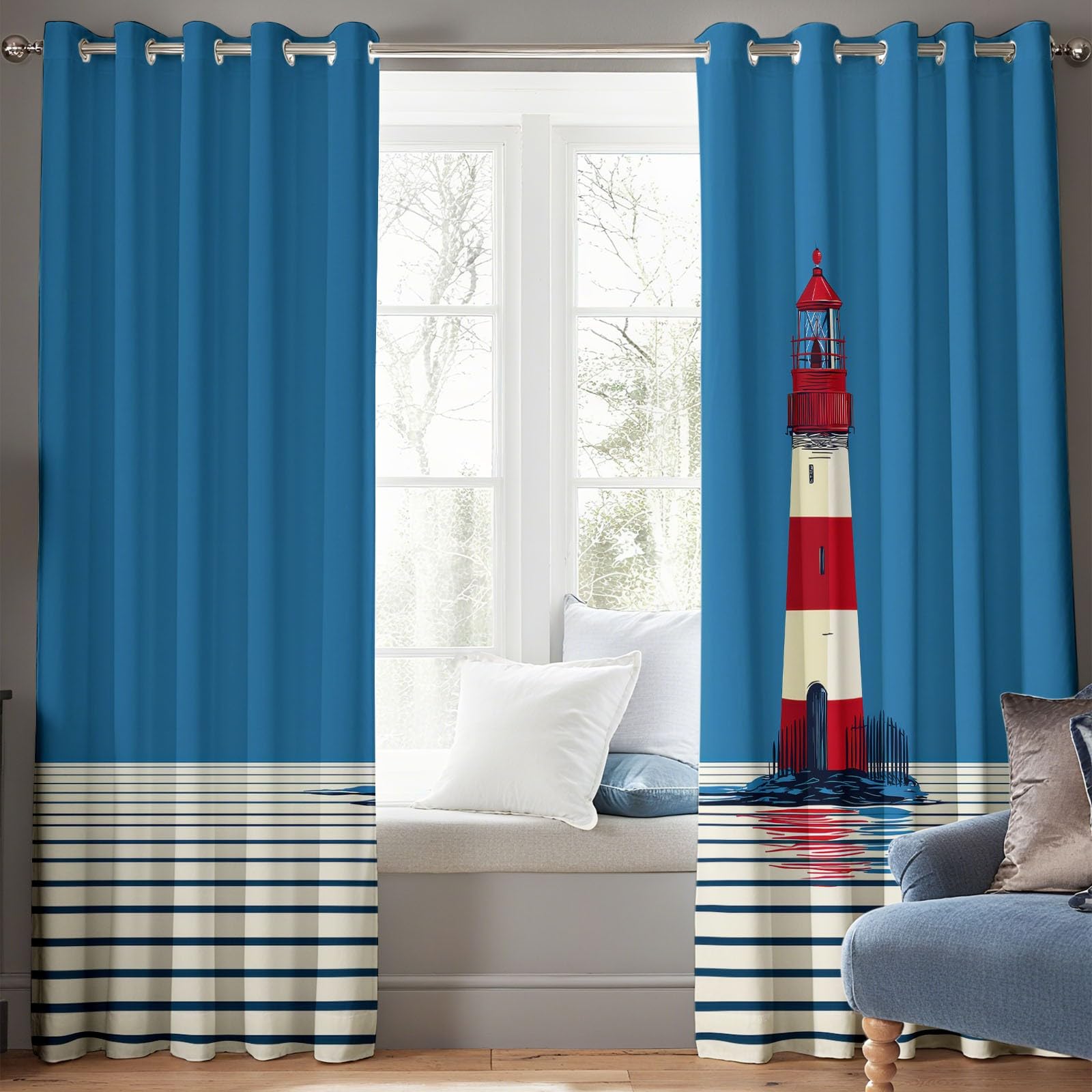 Générique Rideau Occultant Marin Isolation Thermique et Réduction du Bruit 140L x 245H cm (2 Panneaux) - Rideaux Phare Classique Rouge Et Blanc Rayures avec Oeillets pour Chambre Salon