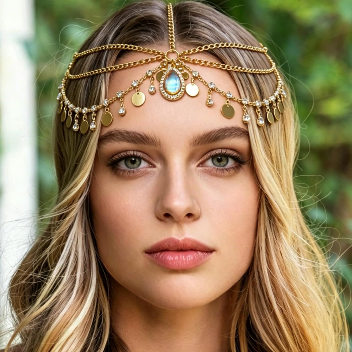 Gold Rhinestone Head Chain Boho Sequins Headpiece Multi-layered Chain Forehead Jewelry for Women Water-drop Pendant Headchain for Prom Festival Wedding Party