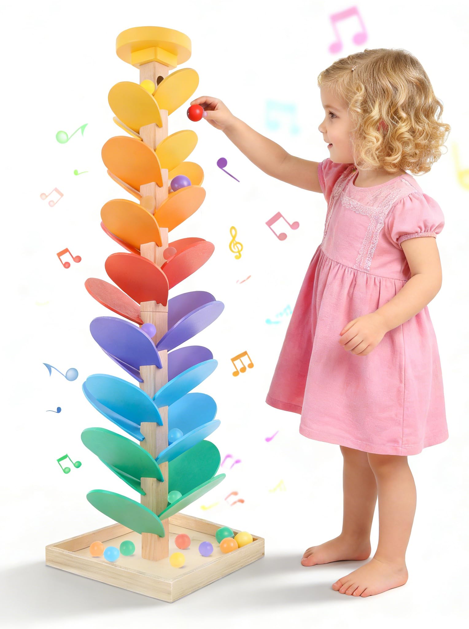 PKKP Sound Tree with Round Shelf Top, Marble Run Wood from 3 Years, 6 Colours Rainbow Marble Run Wooden Toy, Montessori Learning Toy for Sorting Colours, Birthday Gift for Child 4-8