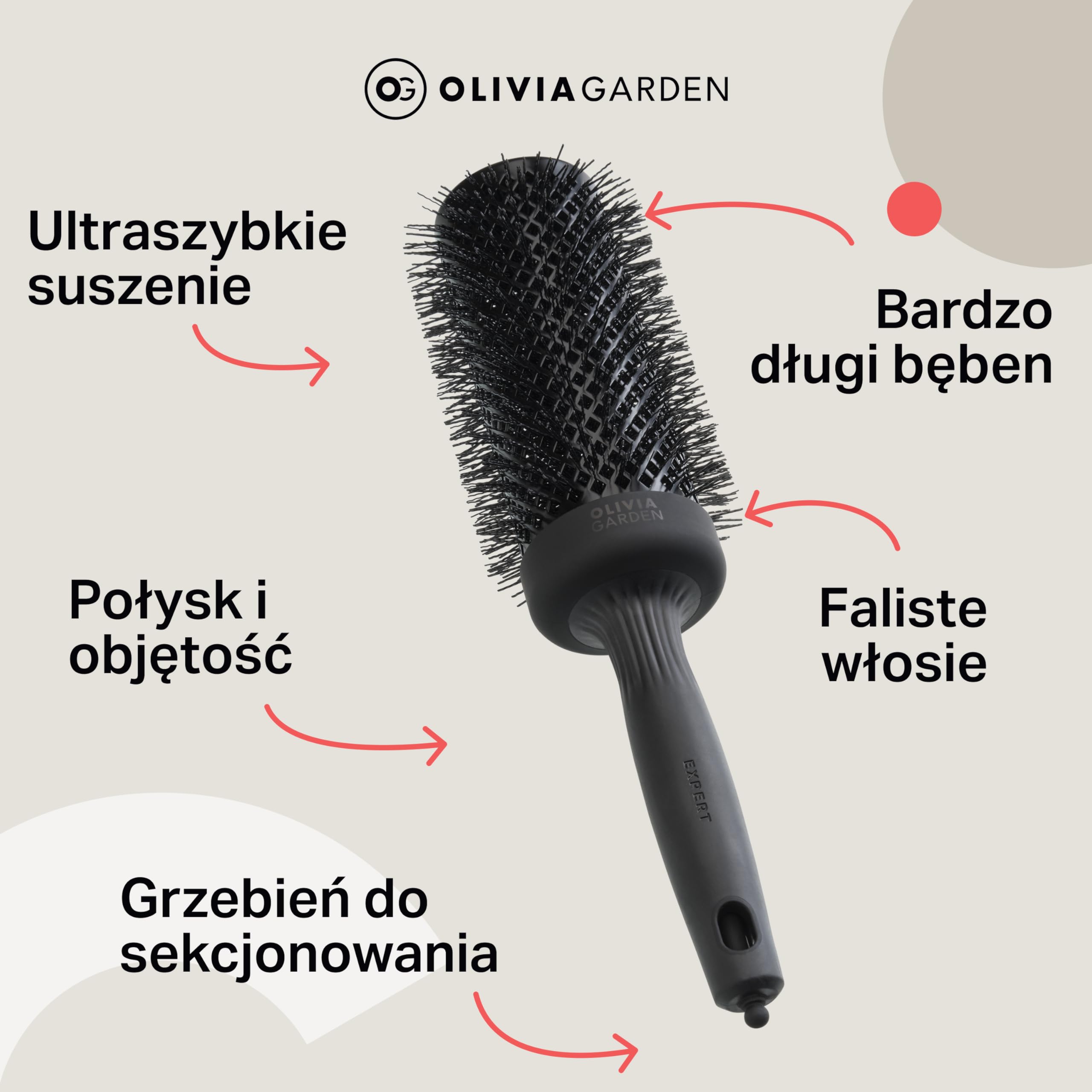 Olivia Garden Expert Blowout Speed Black Label – Matowa czerń - 55 - Ceramiczna okrągła szczotka z wyjątkowo długim korpusem do 25% szybszego modelowania
