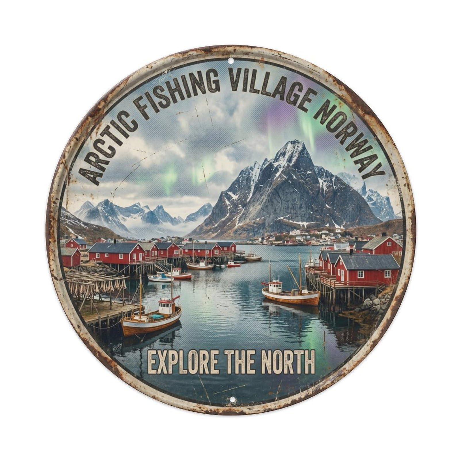 Vintage Travel Arctic Fishing Village Norway Metal Tin Sign