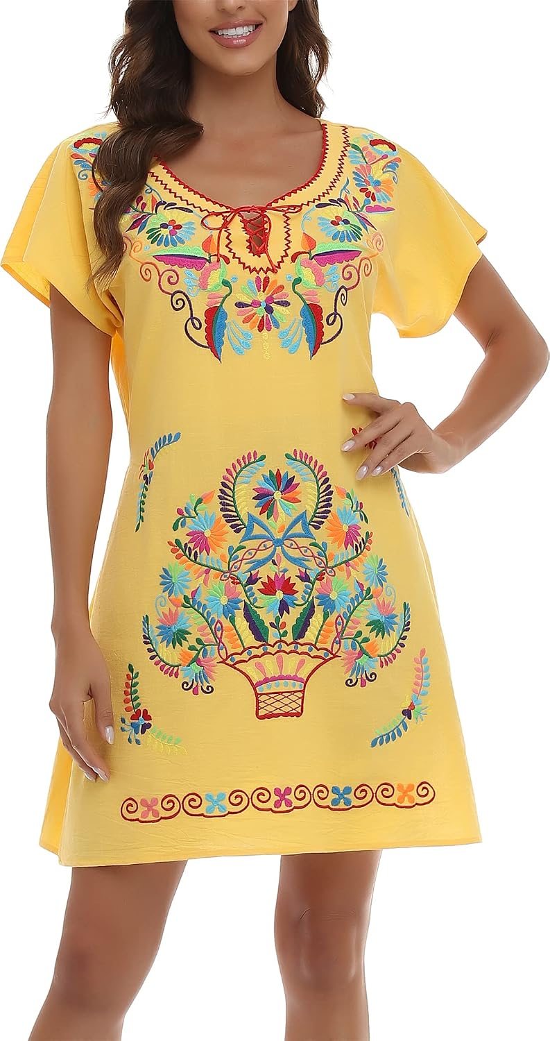 YZXDORWJ Women Mexican Embroidered Fiesta Dress V Neck Dress Short Sleeve