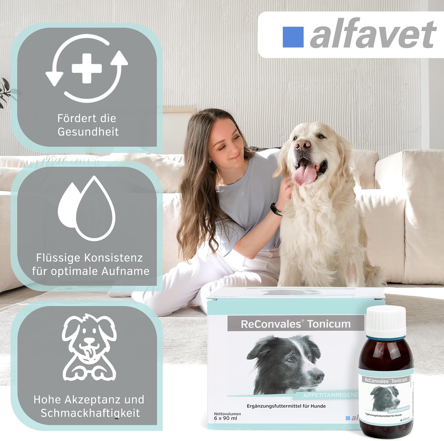 Alfavet ReConvales Tonicum Cani (6 x 90 ml) – Mangime complementare liquido ad alta energia per cani – con proteine, elettroliti e vitamine, elevata appetibilità