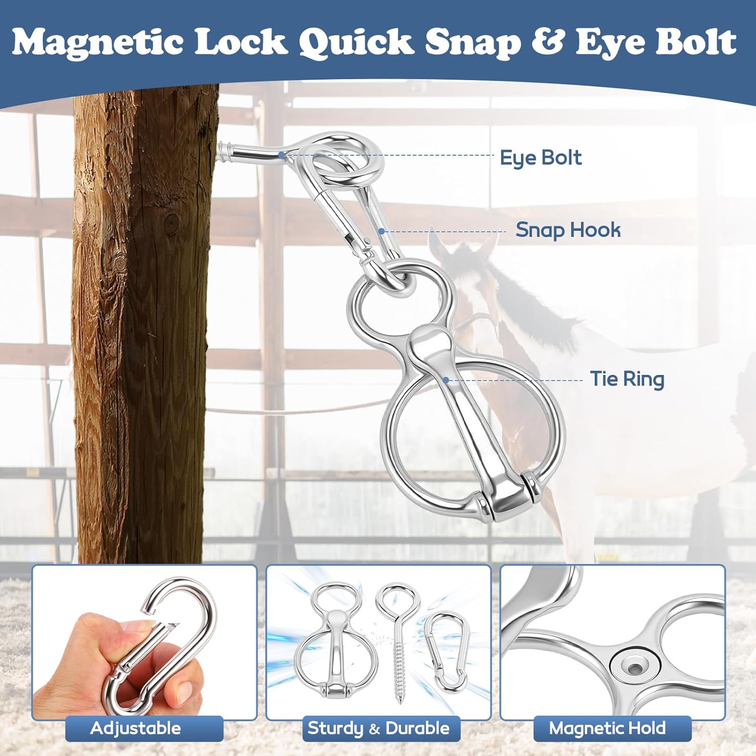 Horse Tie Ring, 4 PCS for Horses, Stainless Steel Horse Cross Ties with Magnetic Lock Quick Snap & Eye Bolt, Prevents Pull Back Tie Ring for Horses Indoor and Outdoor