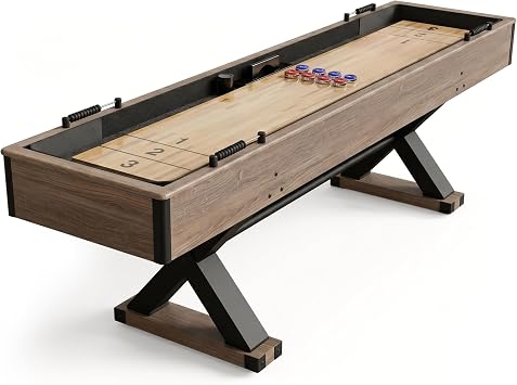 Hathaway Excalibur 9-Ft Shuffleboard Table for Great for Family Recreation Game Rooms, Designed with a Rustic Driftwood Finish with Built-In Leg Levelers, Includes 8 Pucks, Table Brush and Wax | Poly-coated playfield, X-pattern base, 8 weighted pucks, dual abacus scorers, brush, wax, driftwood finish, for 2-4 players