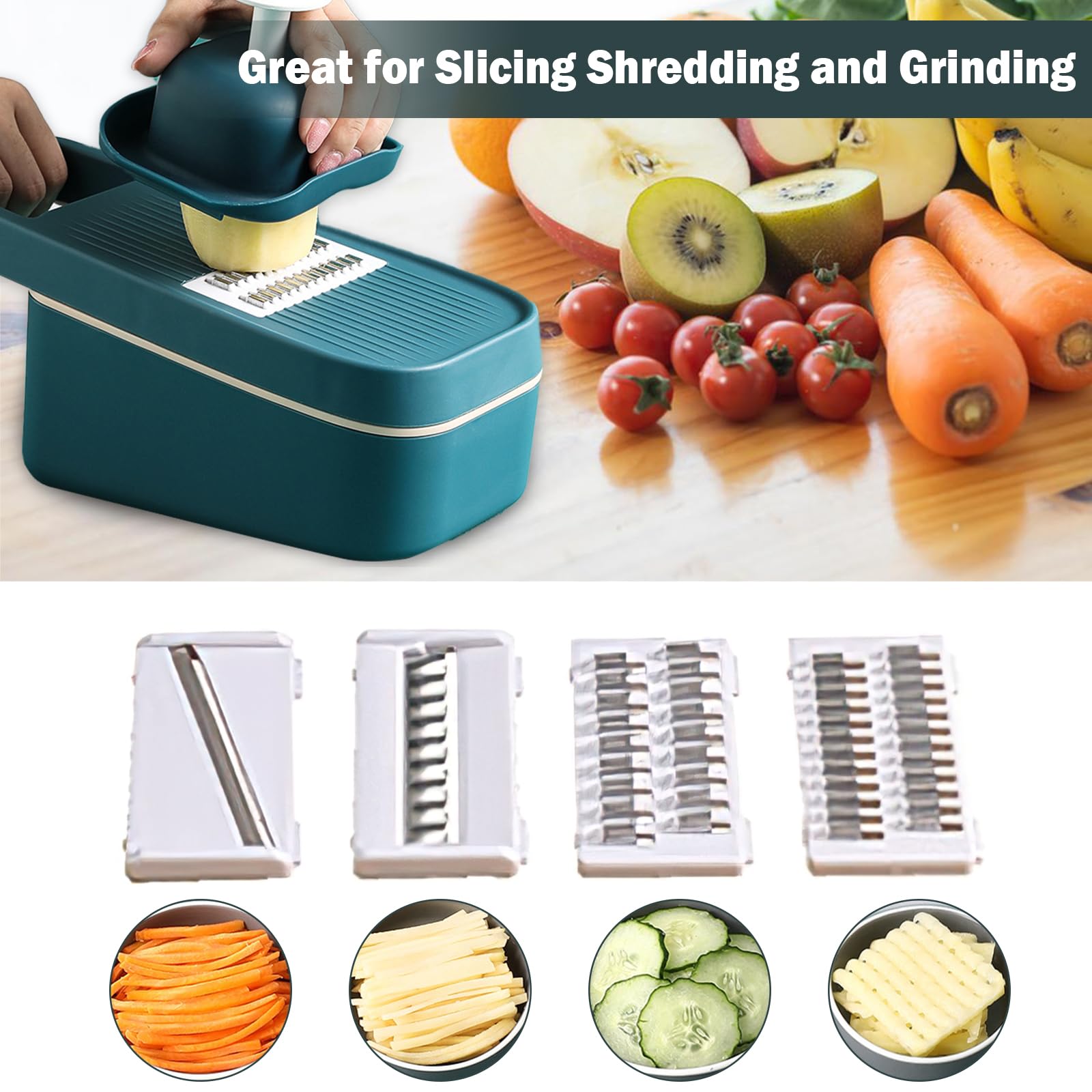 Rallador y rebanador multifuncional 4 en 1, cuchillas de acero inoxidable 304, con recipiente de almacenamiento de alimentos y protector de manos, perfecto para rallar y cortar varios ingredientes