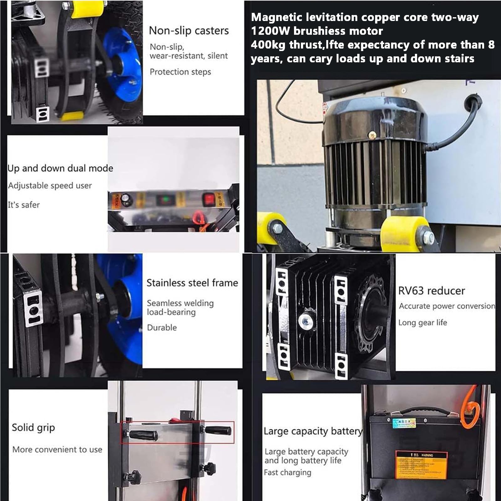 1500W Carrello Saliscale Elettrico, Carrello Saliscale Elettrico, capacità di Carico (400 kg) E Batteria Rimovibile, Motore Brushless, Carrello per Sacchi Oggetti Pesanti su E Giù Scale