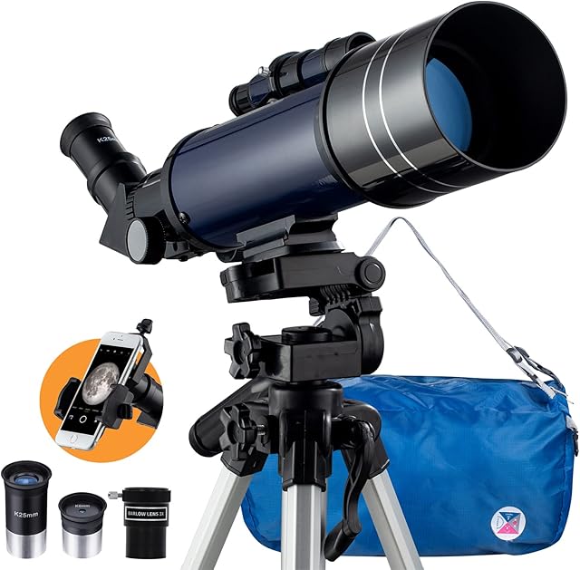 Telescope for Astronomy, 200X Pro 400/70 FMC Glass Optical Refractor Telescopes, With Adjustable Tripod Phone Adapter Barlow Lens Moon Filters Carrying Bag for Kids Adult Beginners