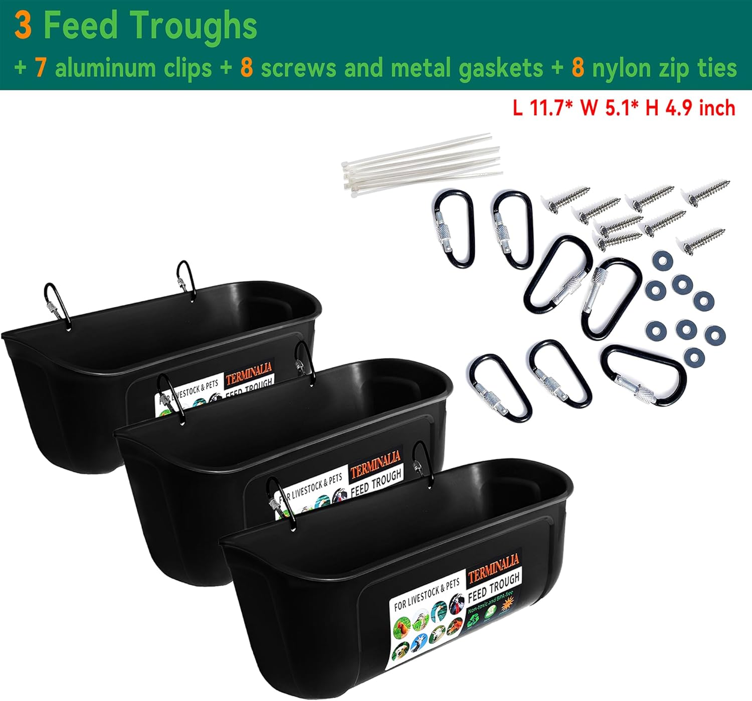 Terminalia 3 Pack Duck Chicken Poultry Hanging Fence Feeder | 8 Quarts in Total | Black｜A Free Feed Scoop Included