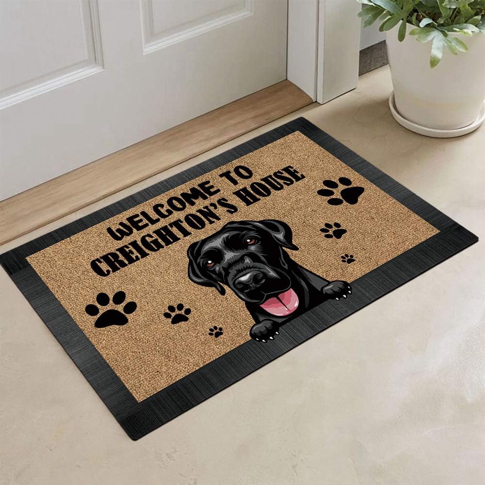 Personalized Welcome to Dog House Doormat with Cartoon Cute Peeking Puppy Labrador Custom Door Mats for Home Decor 35.4 x 23.6 Inch