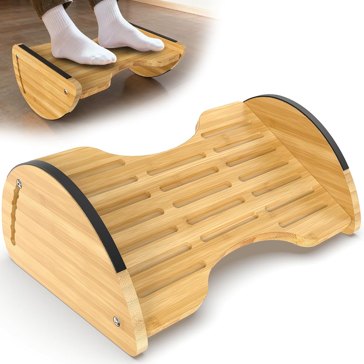 Reposapiés de bambú para debajo del escritorio en el trabajo – Reposapiés de escritorio mecedor reversible 2 en 1 con 6 alturas ajustables, reposapiés ergonómico debajo del escritorio con superficie antideslizante para el hogar, la oficina y los juegos | Reposapiés reversible 2 en 1 para debajo del escritorio con superficie antideslizante, reposapiés ergonómico debajo del escritorio para el hogar, la oficina y los juegos
