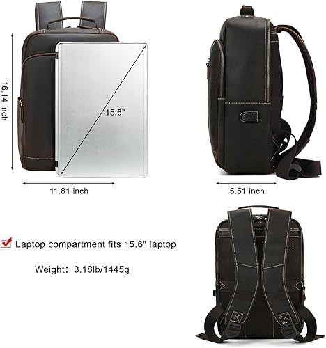 Miniatura 5 de Mochila de cuero para computadora portátil para hombre, viaje de negocios, mochila de hombro de gran capacidad con puerto de carga USB, bolsas de