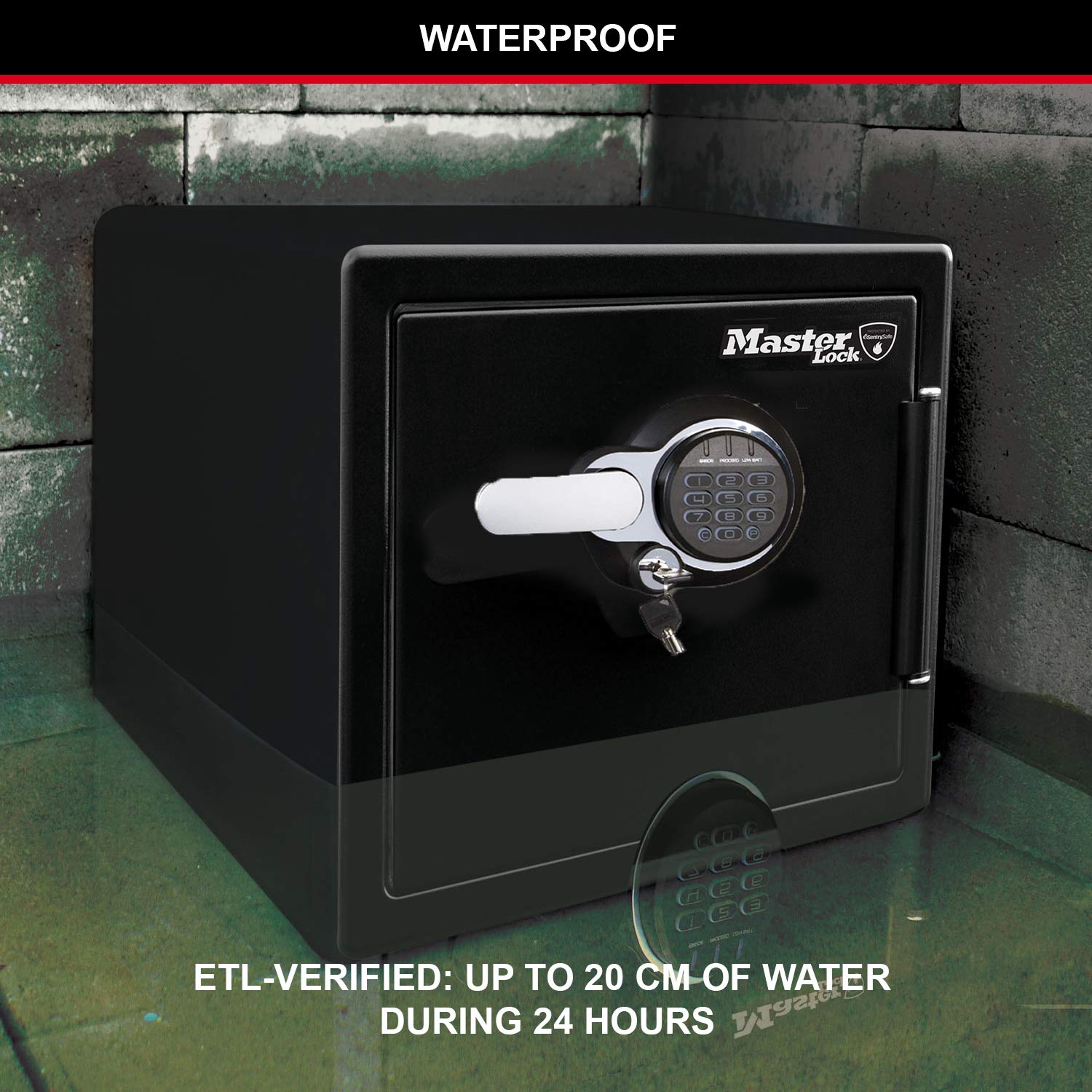 Master Lock Coffre Fort Anti Feu et Etanche à Code et à Clef, triple protection - vol, incendie et inondation, Combinaison Electrique et à Clef, 33.6L, 45.3 x 41.5 x 49.1 cm