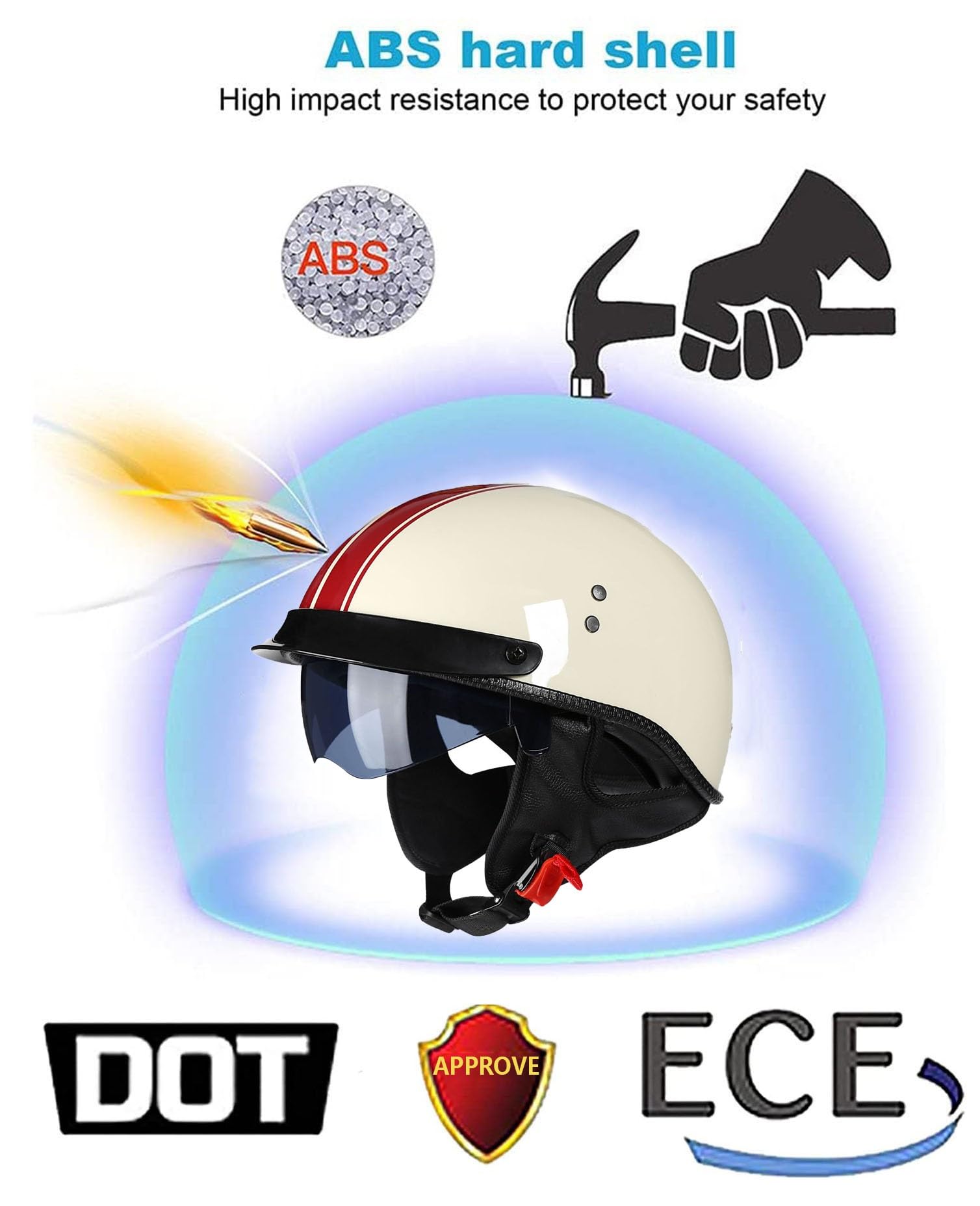 Kask motocyklowy w stylu niemieckim, vintage, kask motocyklowy z otwartą twarzą, z homologacją ECE, półkask w stylu retro, z osłoną przeciwsłoneczną