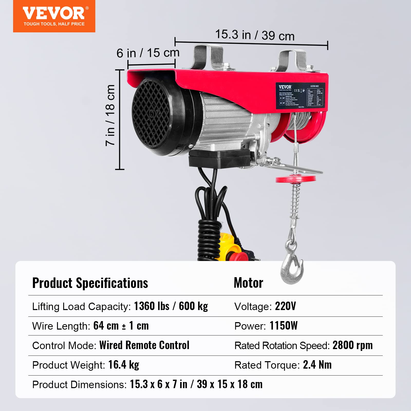 VEVOR Paranco a Leva Elettrico 1150 W Carico Max. da 600 kg Altezza di Sollevamento 12 m Motore con Telecomando, Paranco Elettrico a Leva per Sollevamento Carico Velocità 10 m/min da Garage