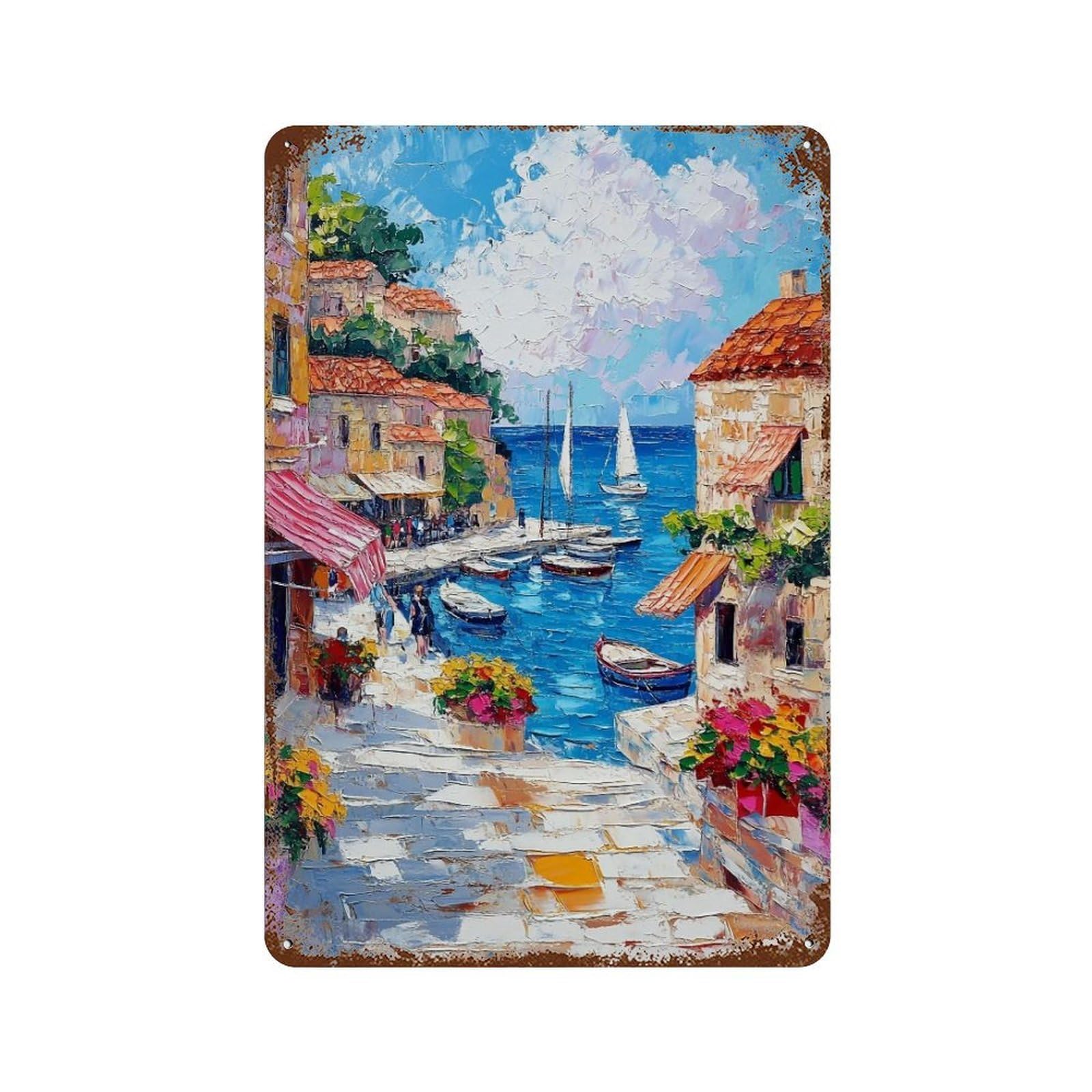HDURYEYRYY Sunny Coastal Village Quay 03 Wall Retro Iron Vintage Art Metal Tin Sign Poster Modern Home Cofffee Club Art Bar Shop Decor 30x20cm