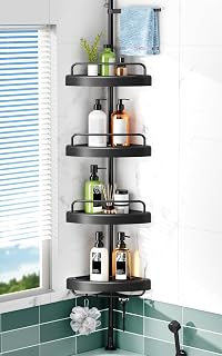 HAMITOR 4-Tier Corner Shower Caddy Tension Pole - Rustproof Adjustable Organizer for Shampoo, Body Wash & Bath Essentials - Black