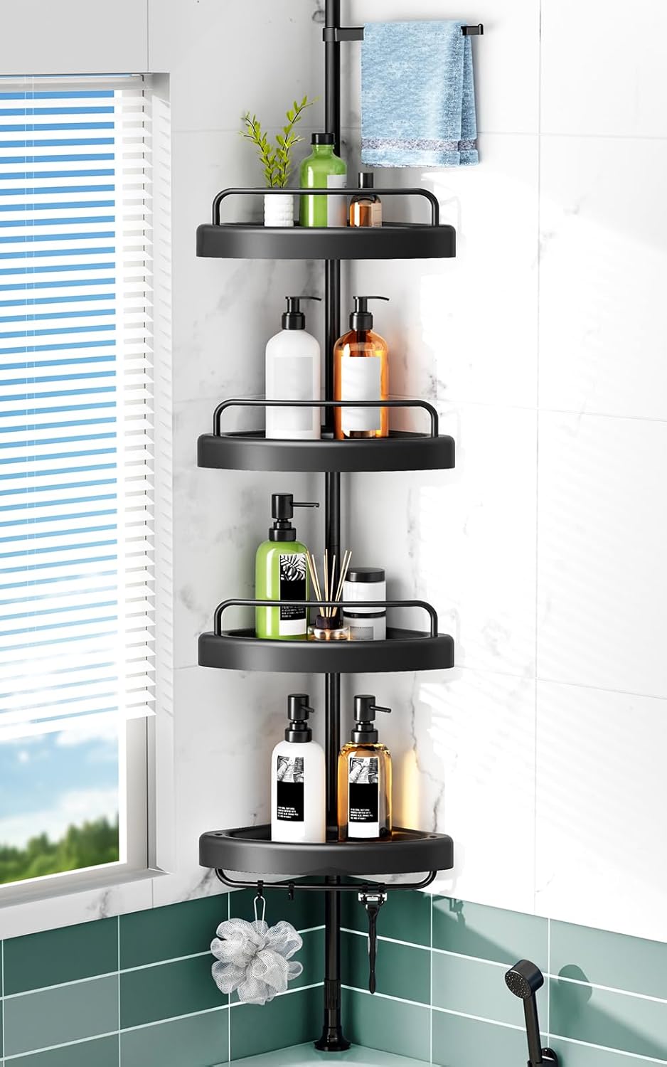 HAMITOR Corner Shower Caddy Tension Pole 4 Tier Shampoo Storage Organizer for Inside Shower - Telescoping Rod Shower