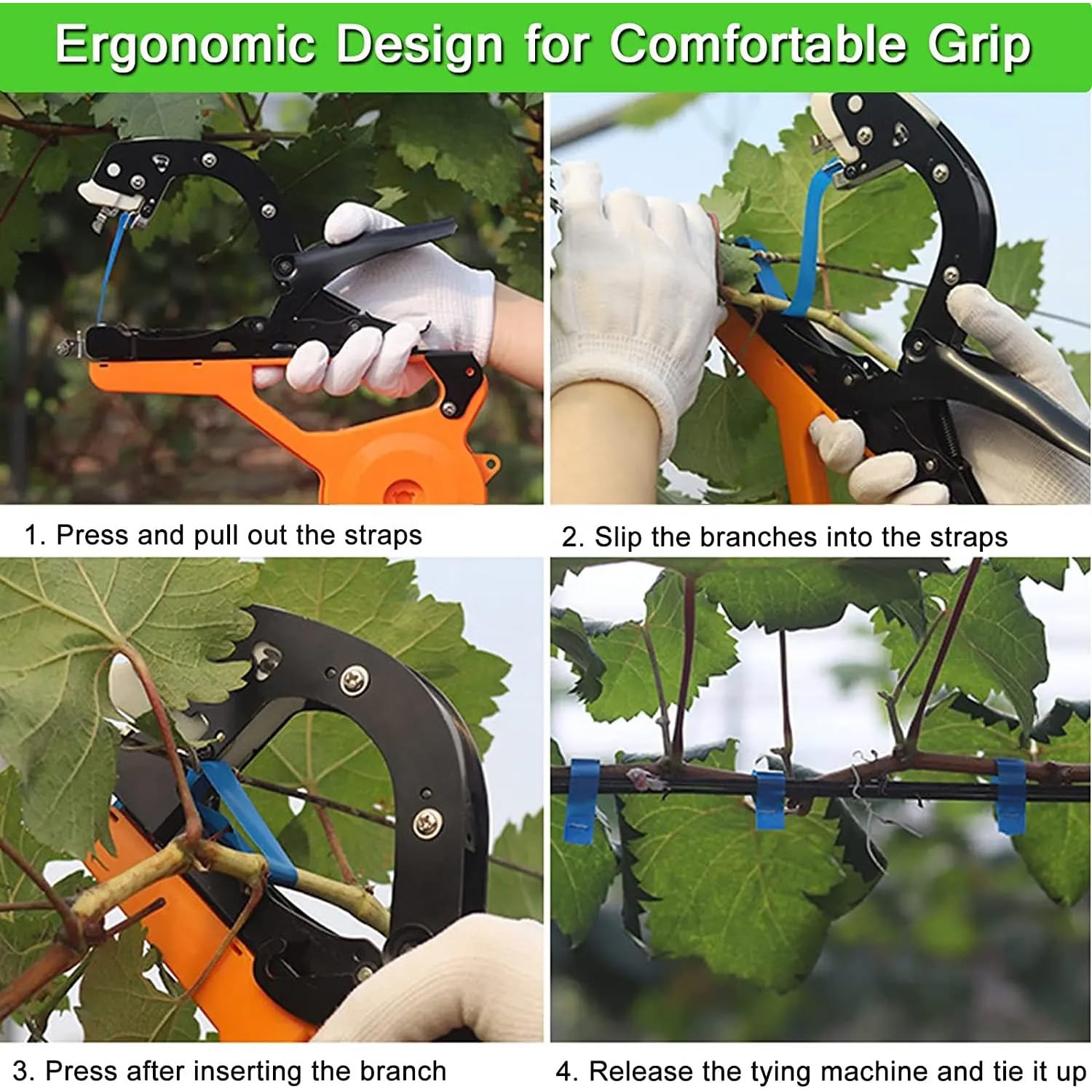 Máquina atadora manual de plantas con 40 correas y 2 agujas, eficiente juego de atado de ramas de jardín para tomates, uvas, verduras y plantas de interior