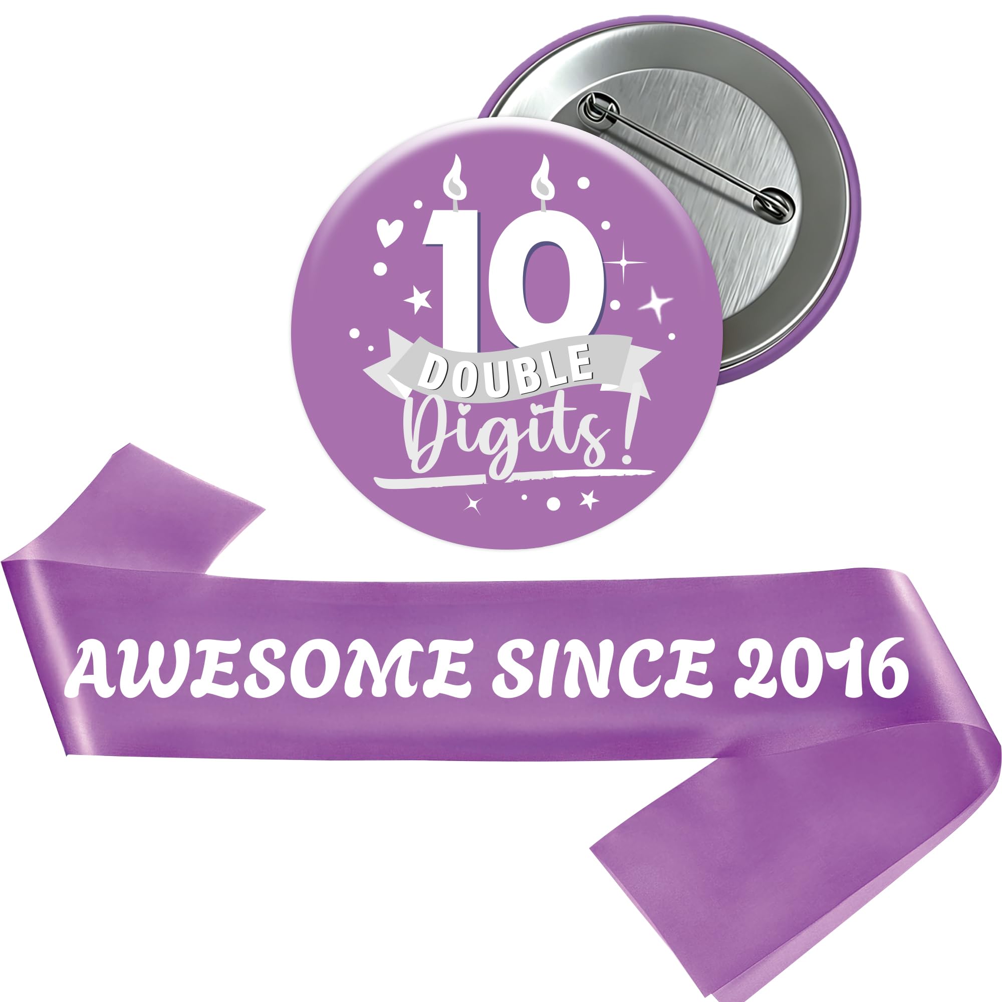 10th Birthday Sash Badge Kit - 2 Pcs Purple Awesome Since 2016 Birthday Sash 10 Double Digits Badge for Girls Happy 10 Year Old Birthday Decorations Supplies and Double Digits Party Gifts — image 1