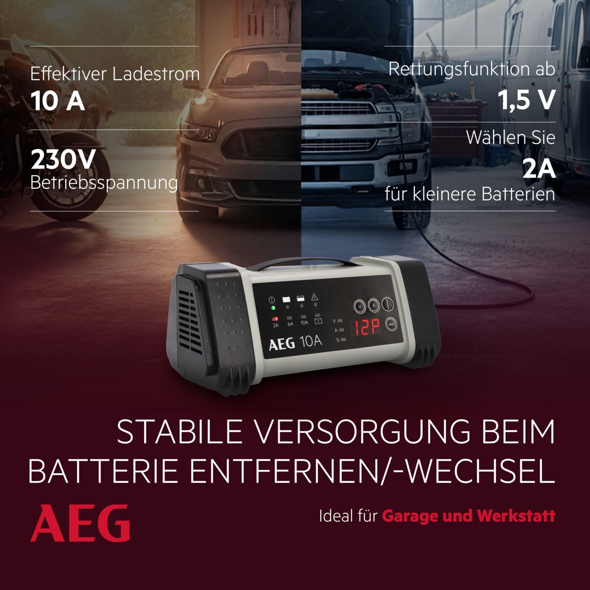 AEG Samochodowa ładowarka mikroprocesorowa 97024 LT 10 A do akumulatorów 12 i 24 V, 9-stopniowa, zasilacz i automatyczna kompensacja temperatury, LT10