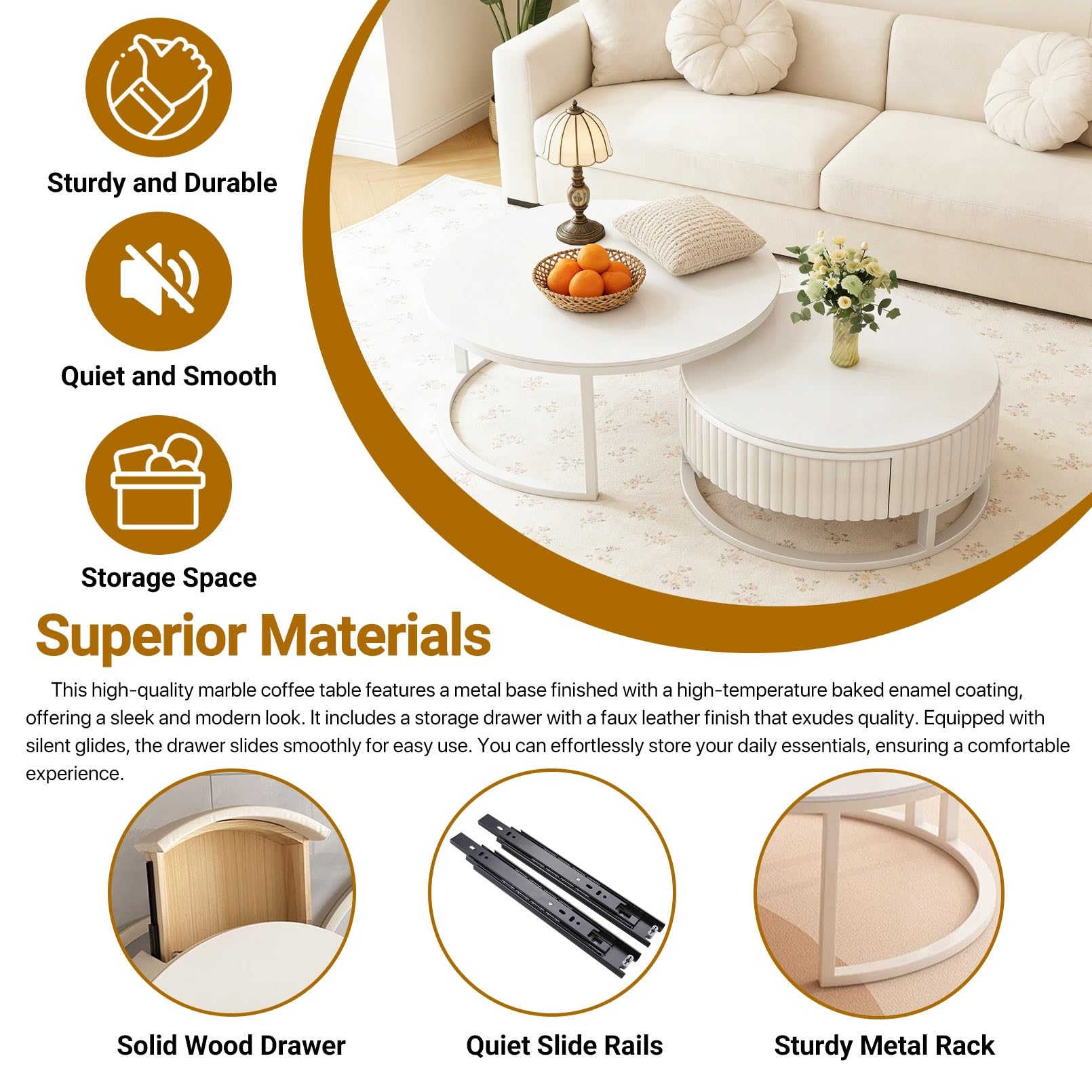 Redonda Mesa De Centro Salón Blanca Mesa Cafe Juego De 2 Mármol Mesita Auxiliar Salón con Cajon 50+70cm Mesas Nido para Salon Dormitorio Oficina con Estructura De Metal Fácil De Montar