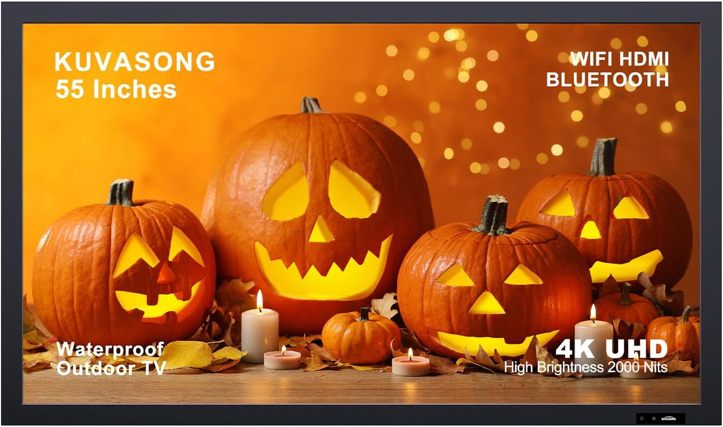 55 Inches High Brightness Waterproof Outdoor TV, Full Sun TV, 4K Resolution, Max 2000 Nits Brightness, Aluminum Frame, IP65 Waterproof