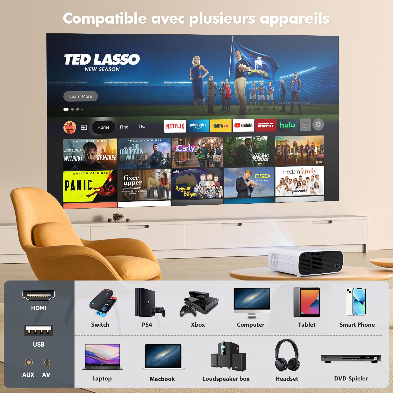 Mini vidéoprojecteur avec WiFi Double Bande et Bluetooth 5.2, Full HD 1080P, 18000 lumens avec Support 4K, Compatible avec PS5 et Switch, retroprojecteur d'affichage HD（Gris）