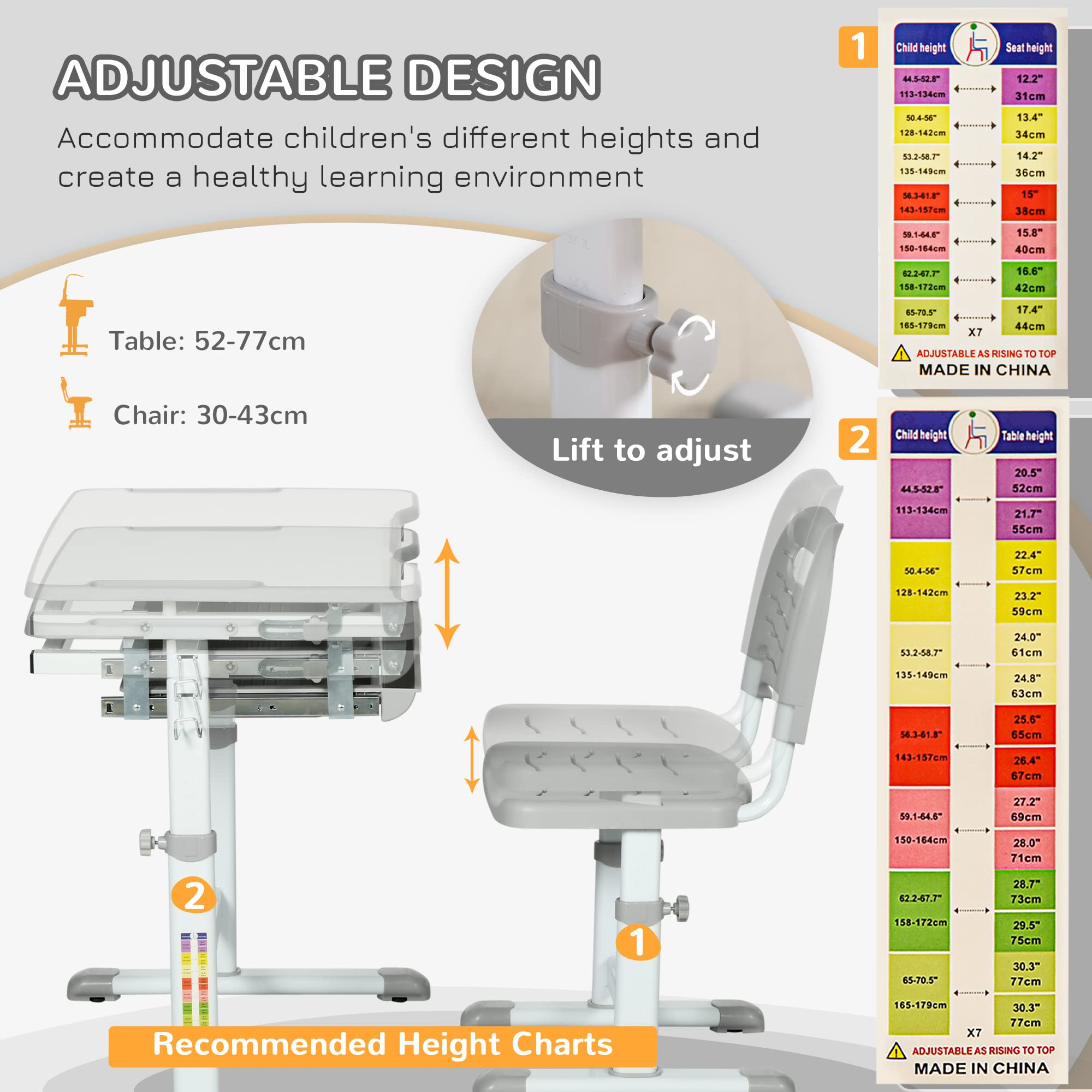 HOMCOM Escritorio infantil con silla, juego de escritorio y silla para niños con altura regulable, tablero inclinado 45°, cajón extraíble, portalápices y gancho - en acero gris-blanco